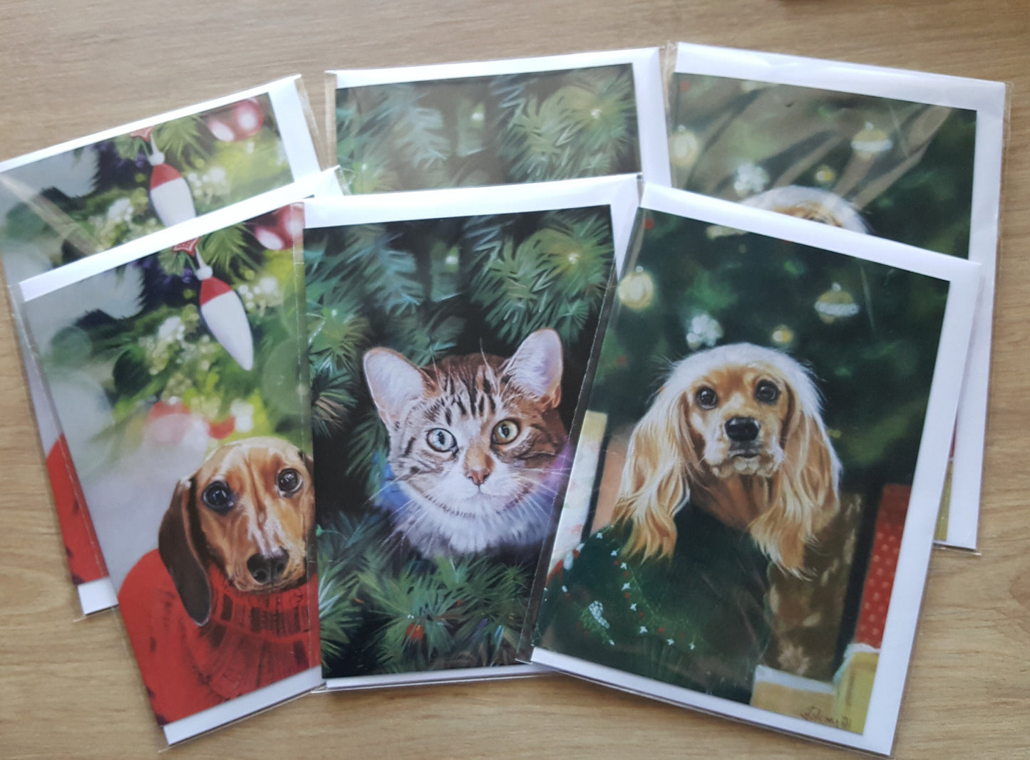 Pack of 5 Christmas cards showing Kitten, Dachshund and Cocker spaniel