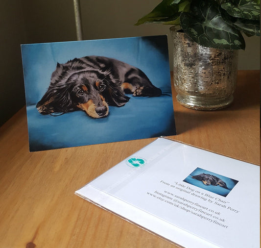 "Little Dog on a Blue Chair" Dachshund greetings card